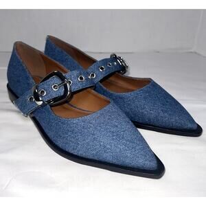 Maeve Anthropologie Moto Mary Jane Flats Size 40 US 9-9.5 Blue Denim Pointed-Toe